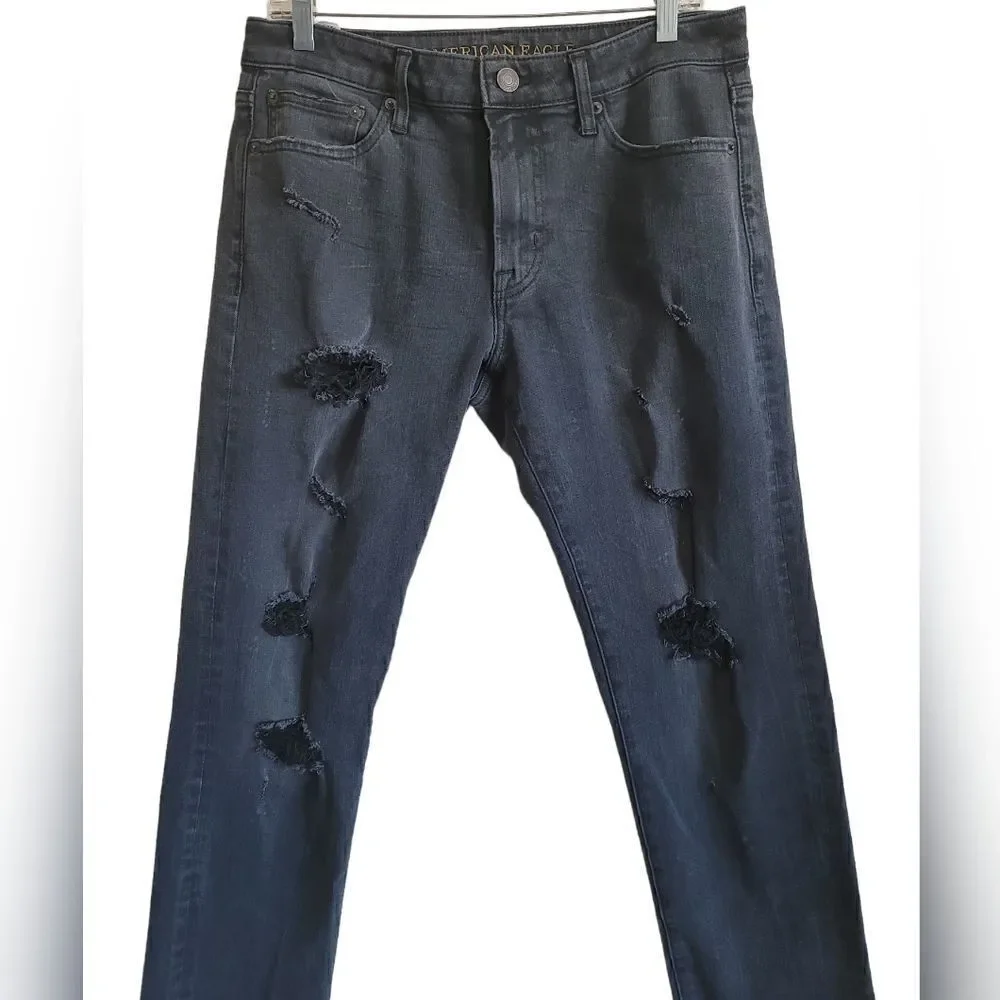 American Eagle Men's Black Slim Distress Jeans Sz 32×34